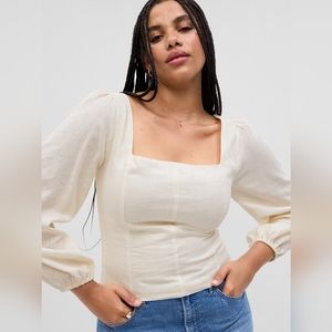 Linen Puff Sleeve Top Large Natural Square Neck Large Petite